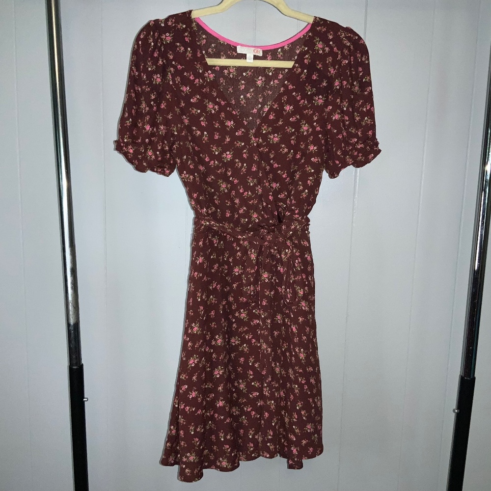 Giani Bini faux wrap Burgundy Floral Dress Sz M puff Sleeve fit & flare